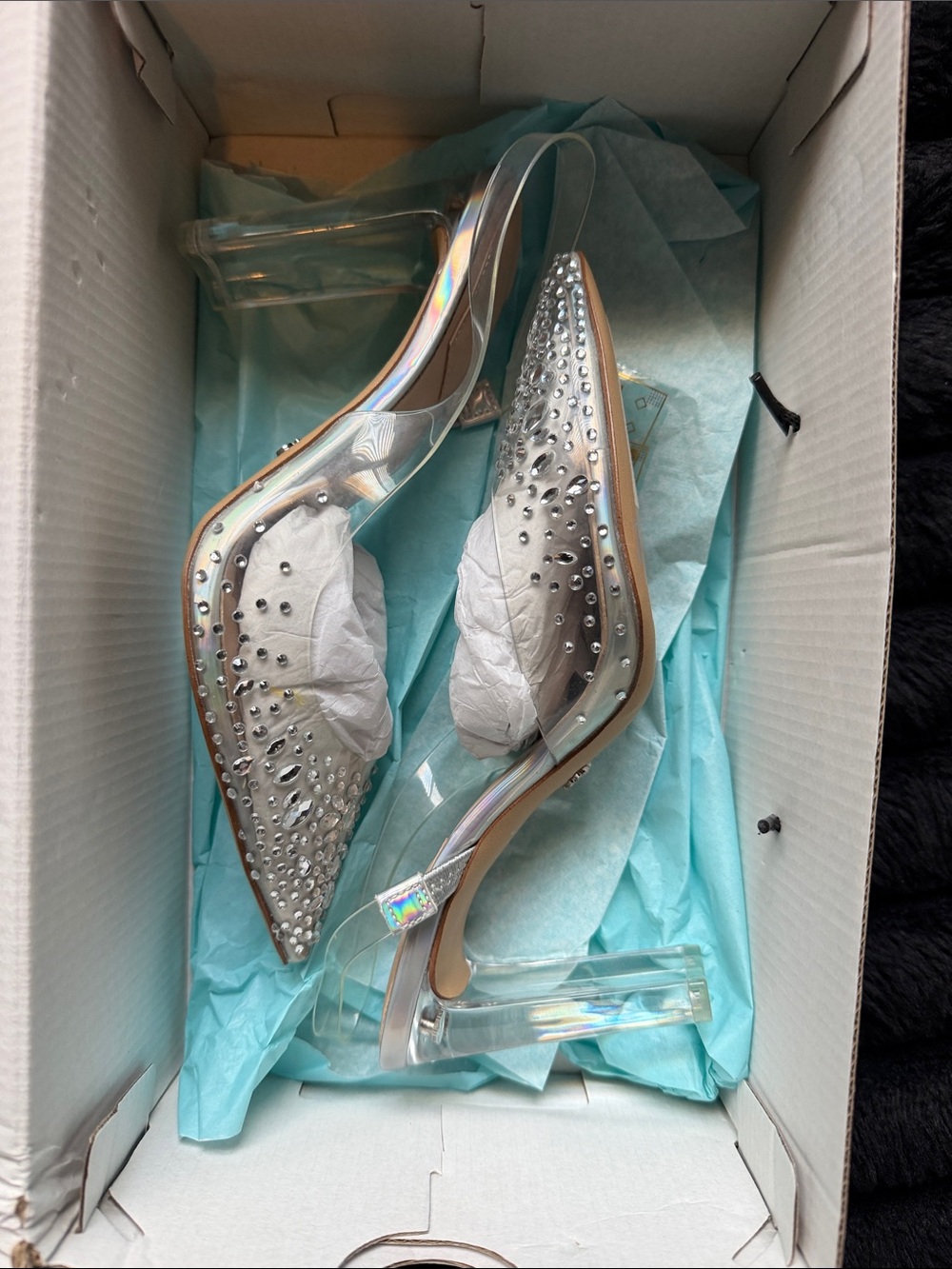 Aldo Iridescent Clear Pointed Slingback Heels with Crystal Accents - Silver